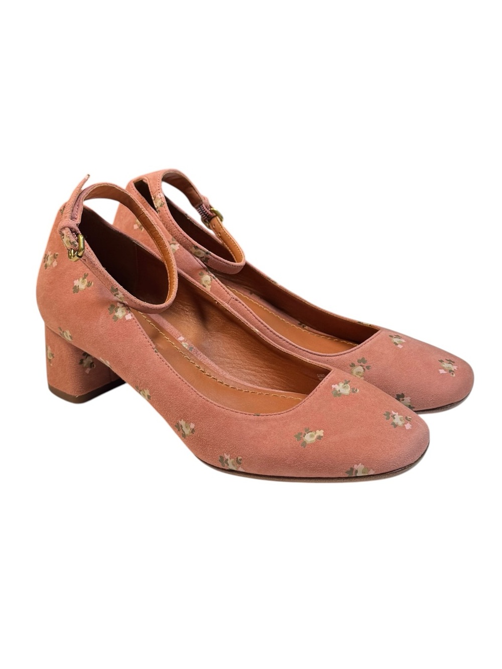New Coach Ankle Strap Pumps Pink Dusty Rose Leather Suede Floral Prairie Print 5